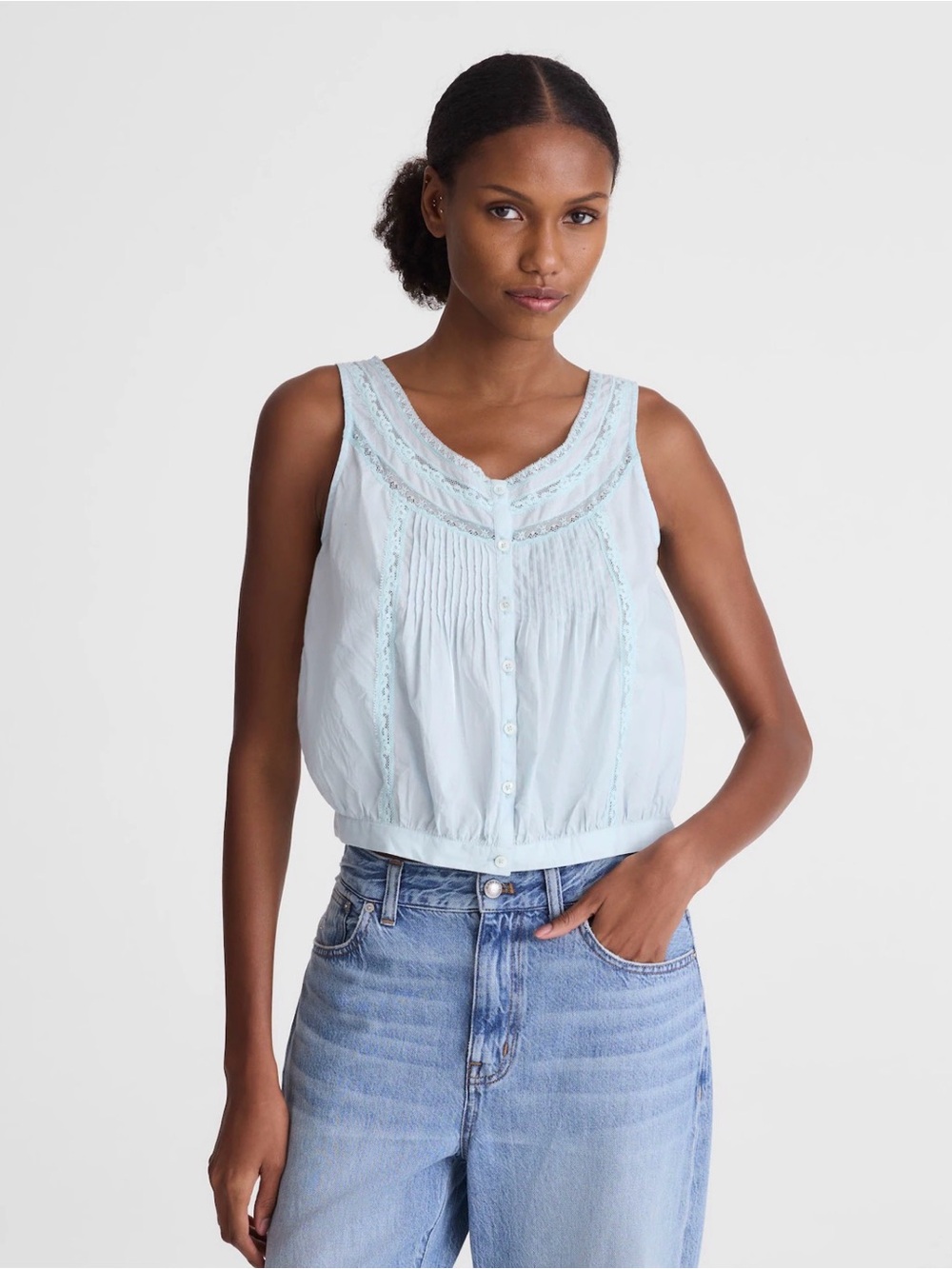 Madewell Lace-Insert Pintuck Sleeveless Top Frosted Sky Blue Size S NWT